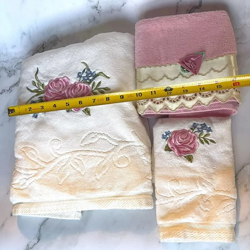 Vintage After Bath Luxury 3pc Towel Set Pink Rose Floral Made in USA